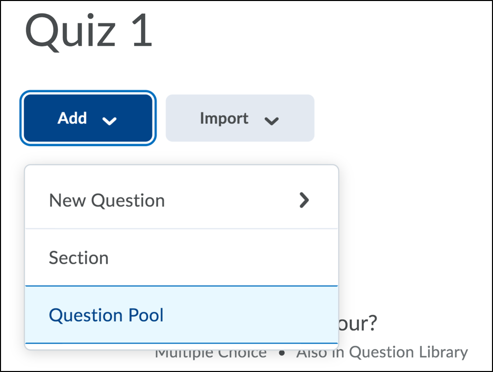 Screenshot of quiz with both the Add button and the Section option selected.