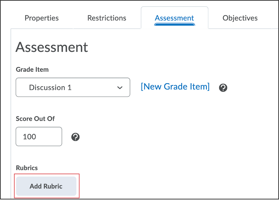Screenshot of the Assessment page with the Add Rubric button highlighted