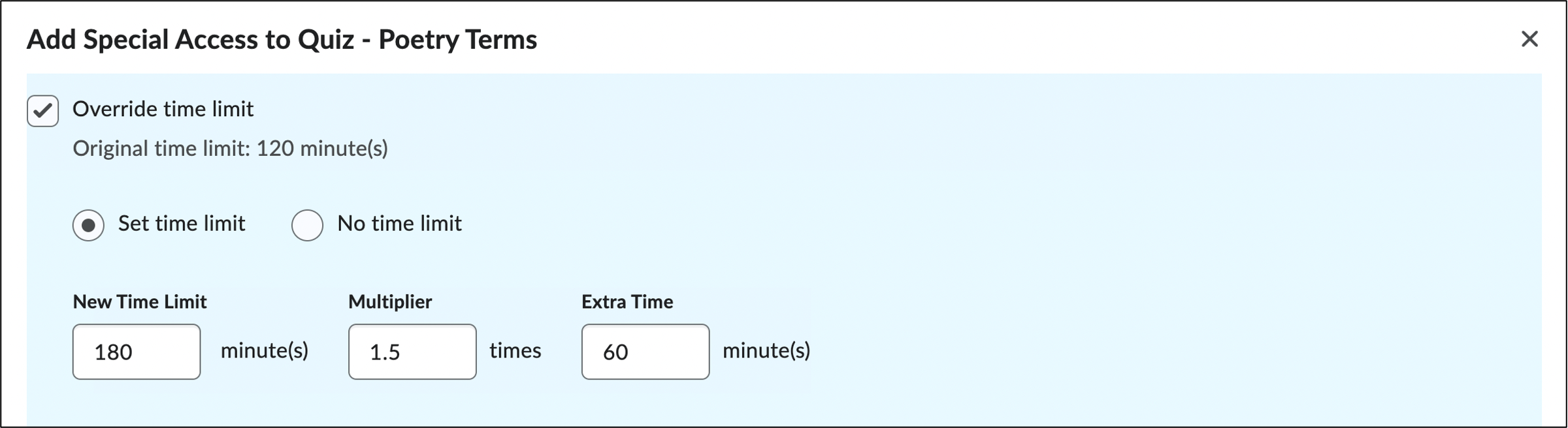 Screenshot of Special Access time limit settings.