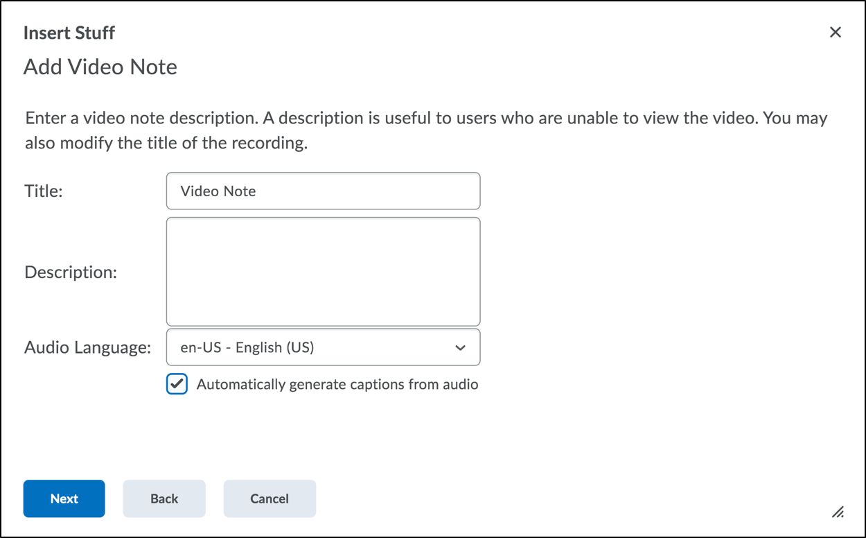 Screenshot of Add Video Note window with the Automatically generate captions from audio checkbox selected.