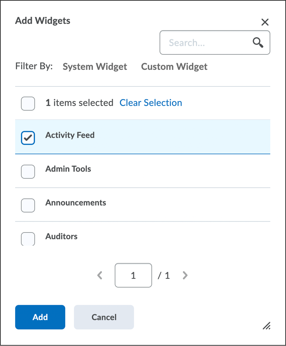 Screenshot of Add Widgets pop-up window with checkbox for sample widget selected.