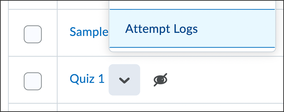 Screenshot of quiz drop-down menu with the Attempt Logs option selected.