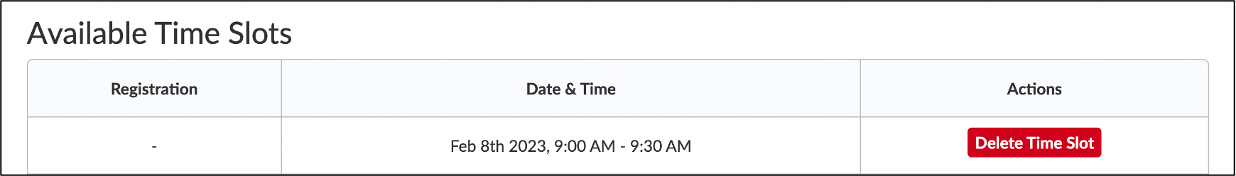 Screenshot of the "Available Time Slots" table in the Scheduler tool.