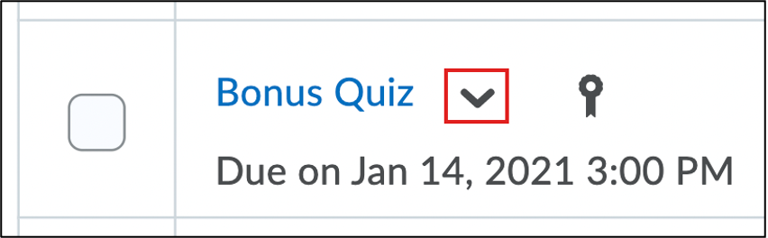 Screenshot of a Quiz item with callout box around the downward arrow button