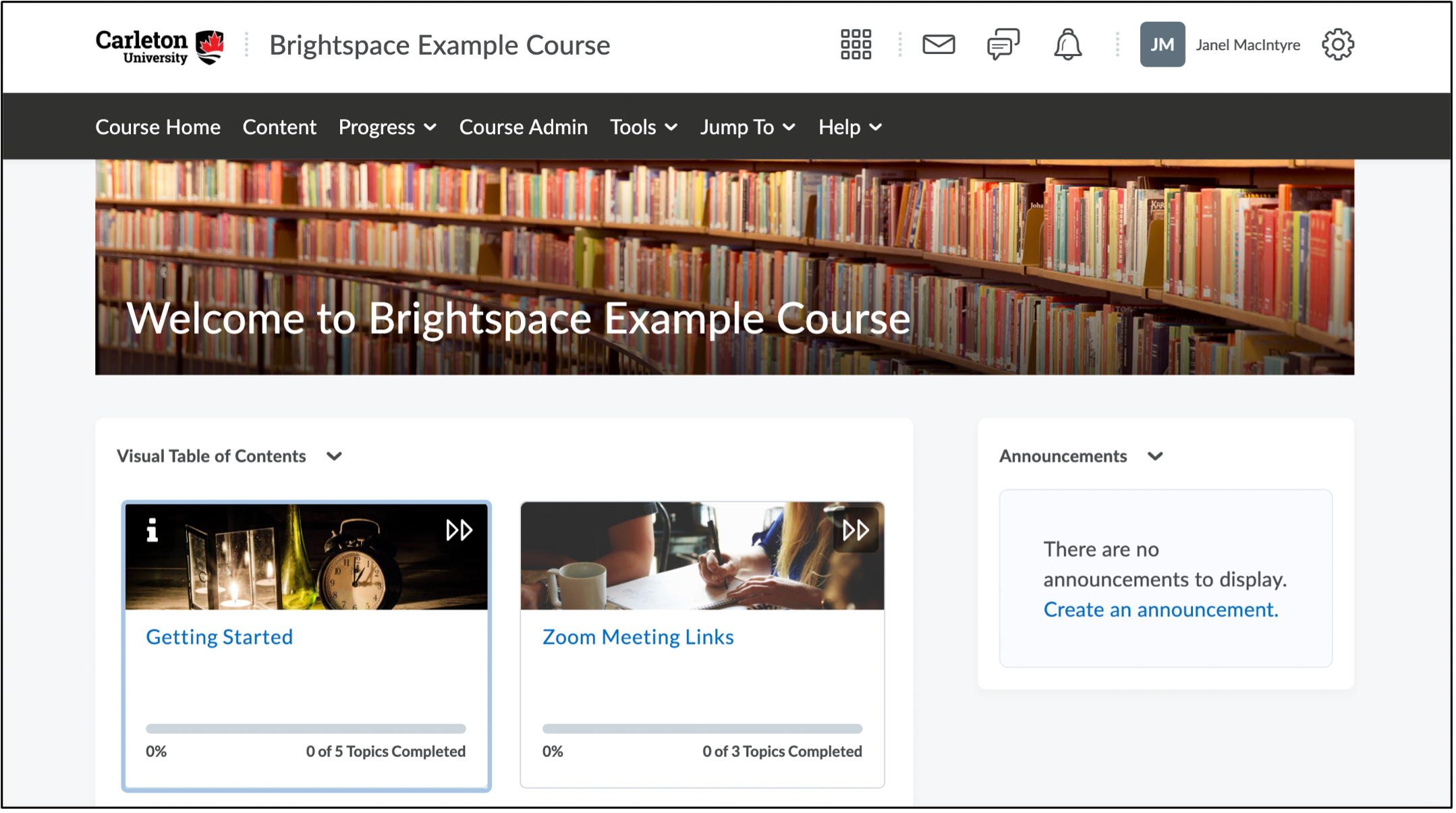 Screenshot of Example Brightspace Course homepage.