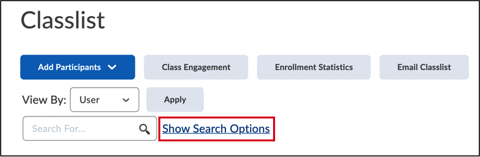 Screenshot of Classlist page with red callout around the Show Search Options button.