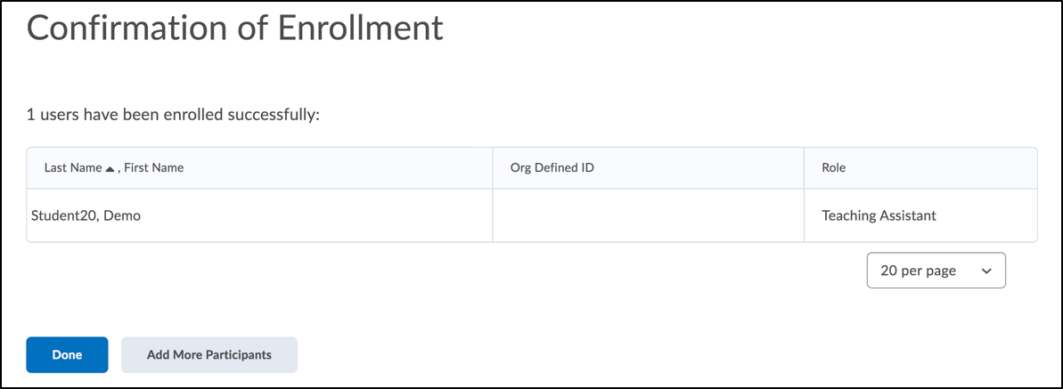 Screenshot of Confirmation of Enrollment page with sample user added and role information updated.