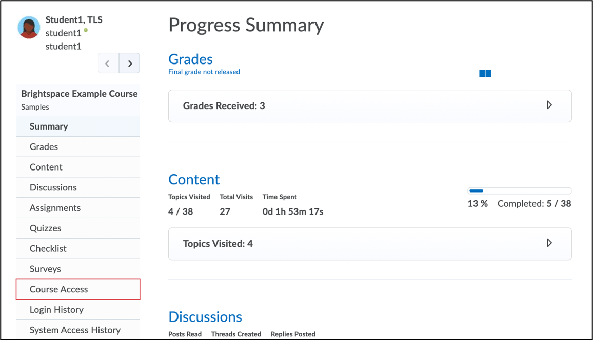 Screenshot of student progress summary with red callout around Course Access.