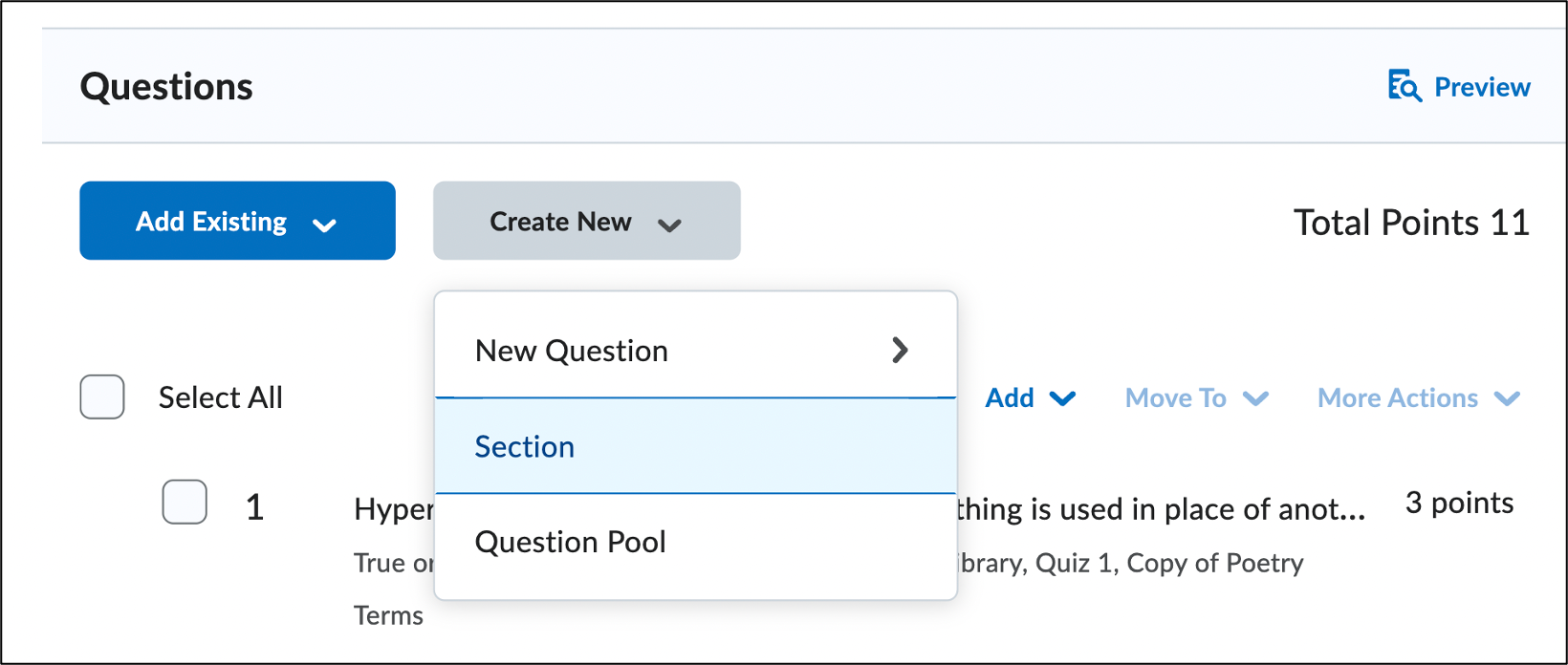Screenshot of the Section option in the Create New menu on the Edit Quiz page.