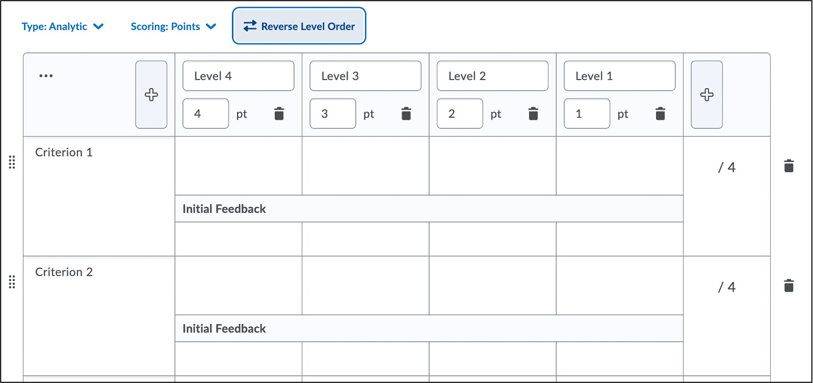 Screenshot of the Rubric creation page with  Criterion 1 and Criterion 2 visible