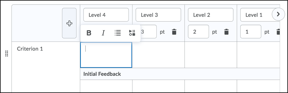 Screenshot of the Rubric creation page with the criterion text editor box selected