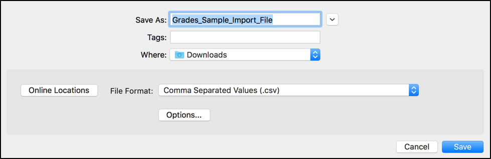 Screenshot of .csv format selected in the File Format field.