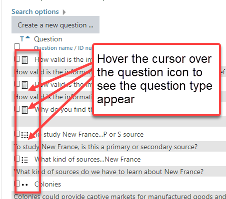 a list of questions in the cuLearn question bank. Each question type has a specific icon that illustrates the question type. 