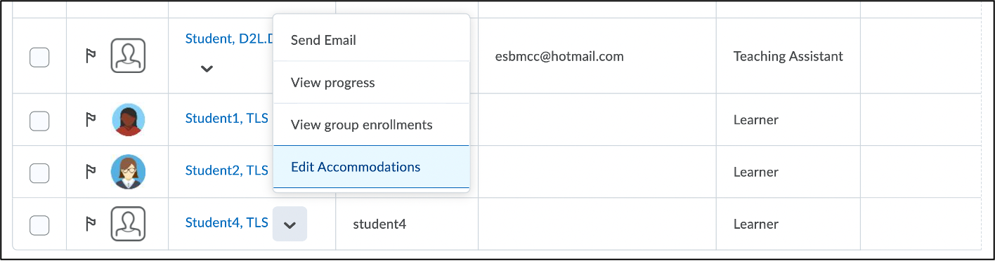 Screenshot of Brightspace student list with drop down menu selected and Edit Accommodations highlighted.