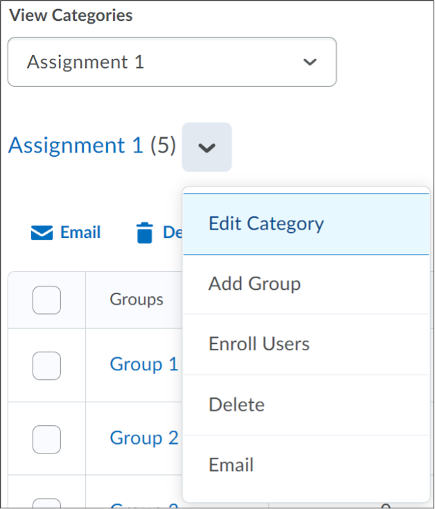 Screenshot of drop-down arrow next to a category name with the Edit Category option selected.