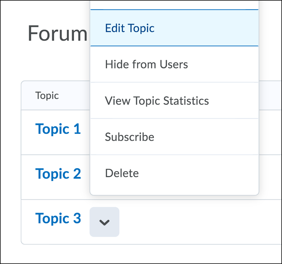 Screenshot of discussion topic pulldown menu with the Edit Topic option selected.