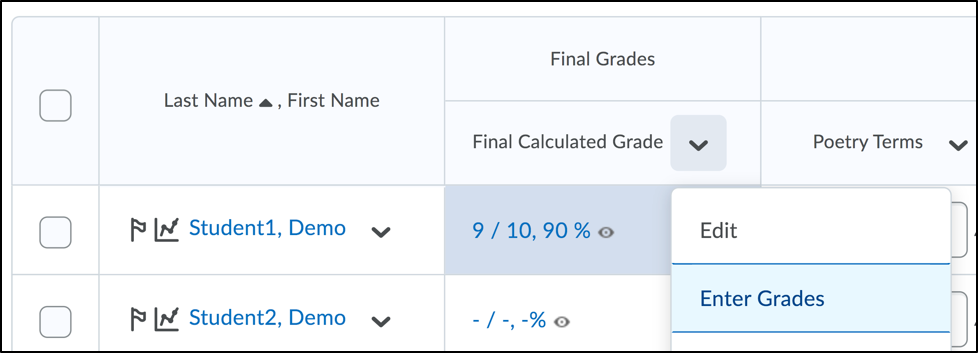 Screenshot of the Final Calculated Grade drop-down menu with the Enter Grades option selected.