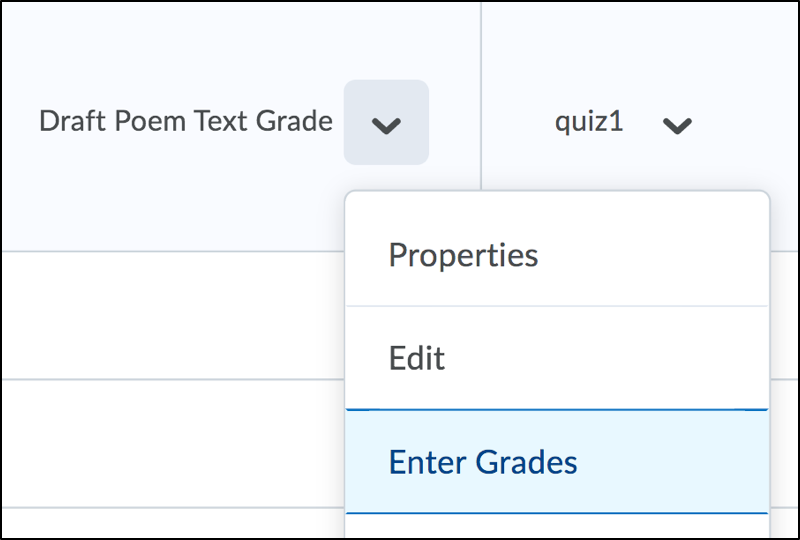 Screenshot of Grades Table drop-down menu with the Enter Grades option selected.