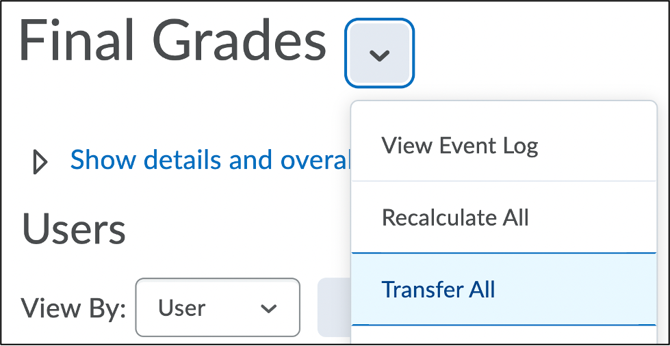 Screenshot of the Final Grades drop-down menu with the Transfer All option selected.