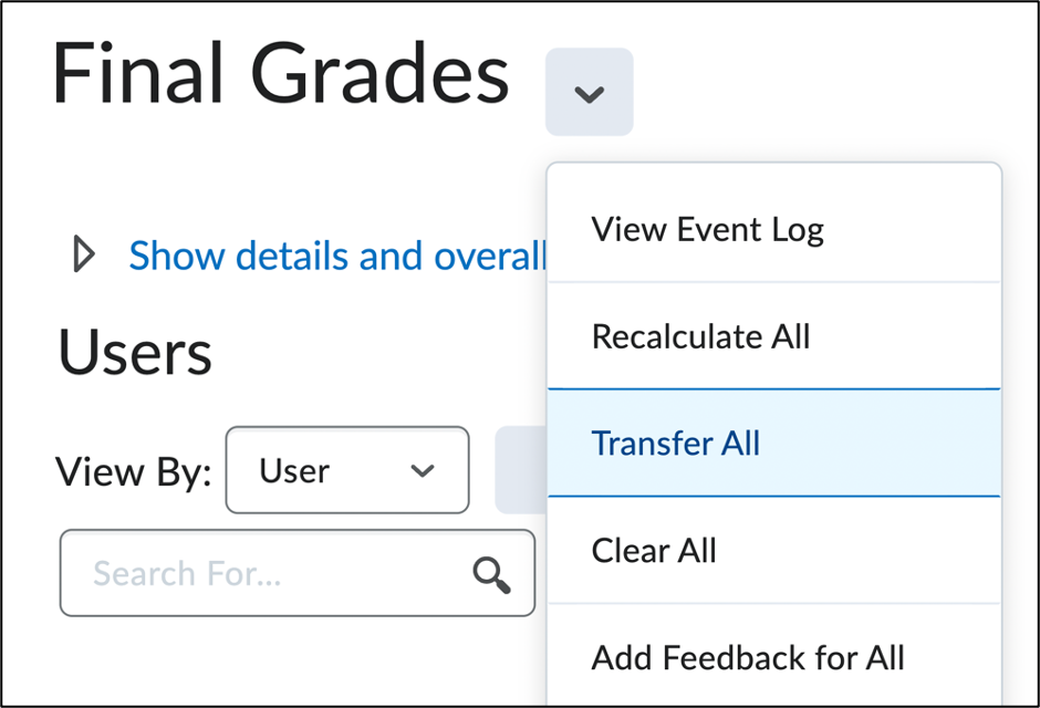 Screenshot of the Transfer all option in the Final Grades drop-down menu.