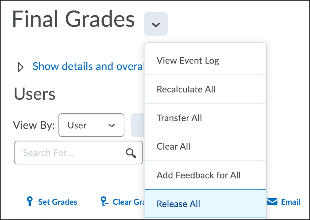 Screenshot of the Final Grades drop-down menu with the Release All option selected.