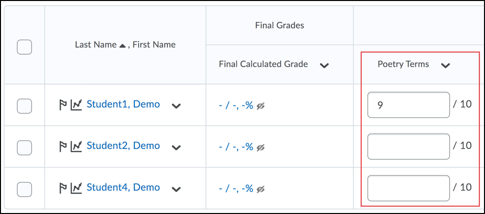 Screenshot of the Spreadsheet View with red callout around the Grades column.
