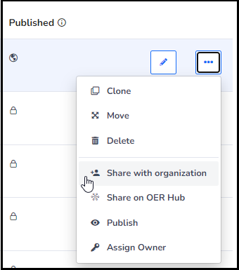 Screenshot of the H5P more options menu with Share with organization highlighted