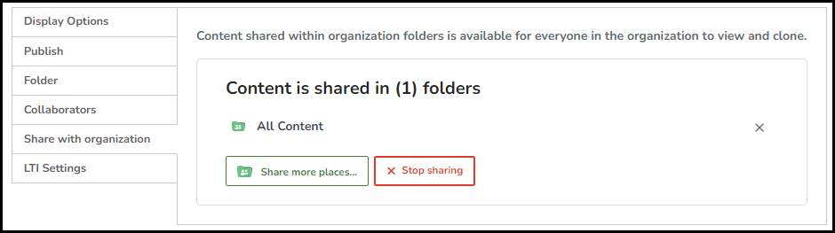 Screenshot of share with organization tab showing content is shared in 1 folders and the stop sharing button