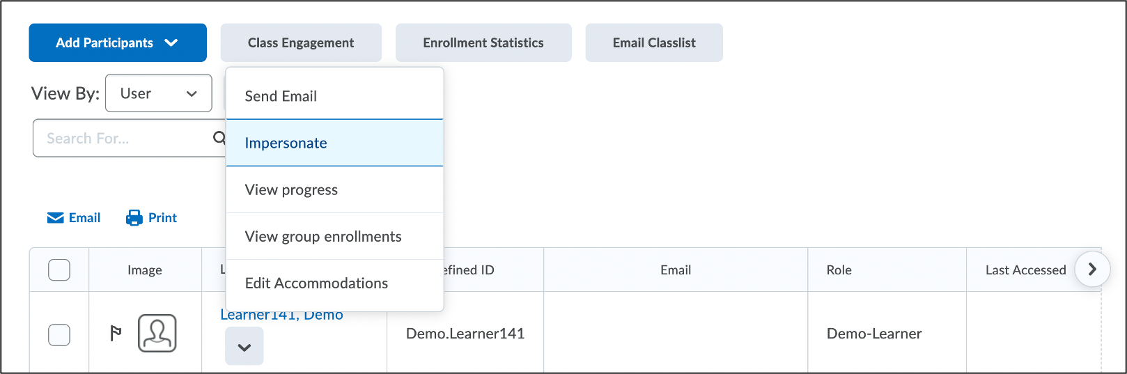 Screenshot of drop-down menu next to demo learner's name with the Impersonate option selected.