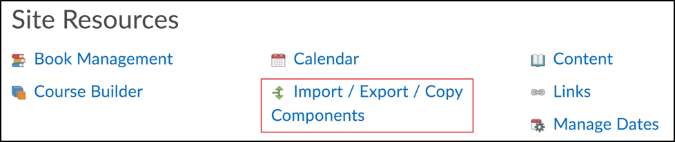 Screenshot of the Course Admin page with red callout around the Import / Export / Copy Components function.