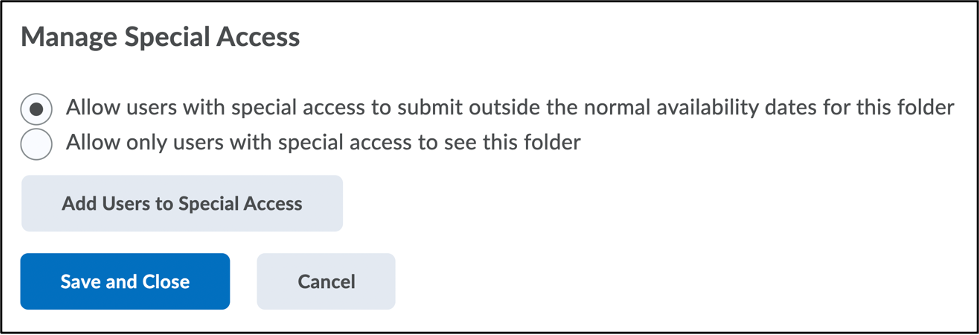 Screenshot of the Manage Special Access section with the Allow users with special access to submit outside the normal availability dates for this folder option selected.