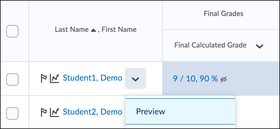 Screenshot of student drop-down menu with the Preview option selected.