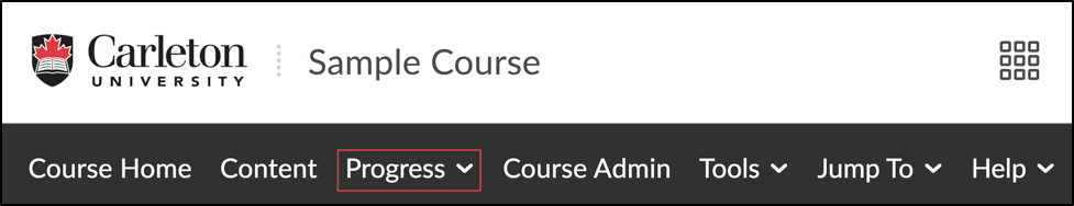Screenshot of Brightspace navbar with red callout around Progress.