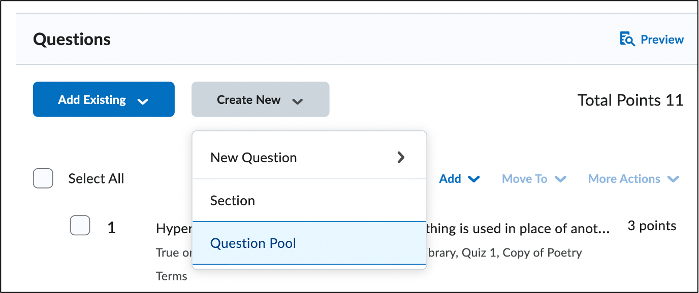 Screenshot of the Question Pool option in the Create New menu on the Edit Quiz page.