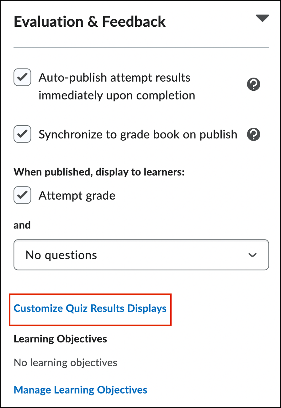 Screenshot of the Customize Quiz Displays option.