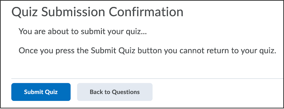 Screenshot of Quiz Submission Confirmation page and Submit Quiz button.