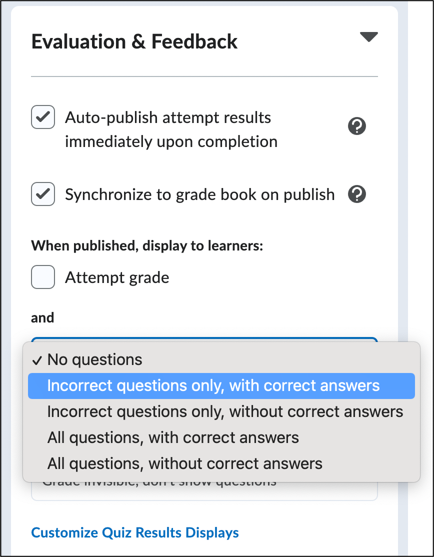 Screenshot of quiz display settings on the Edit Quiz page.