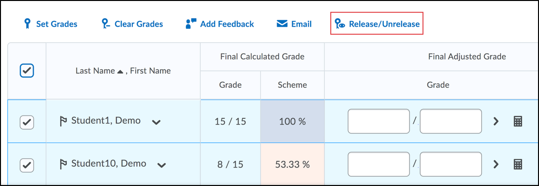 Screenshot of the release/unrelease option for final adjusted grades.