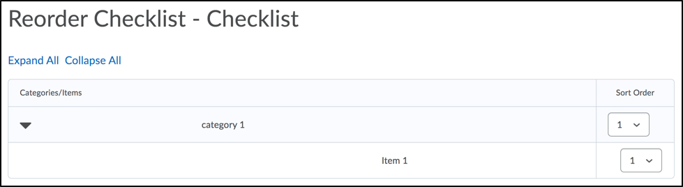 Screenshot of Reorder Checklist section with the Sort Order pulldown menus on the right side of the checklist.