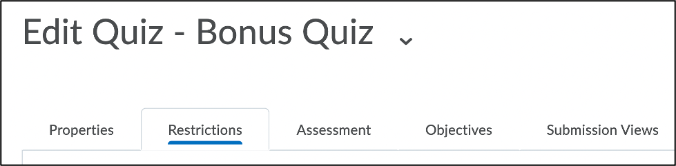Screenshot of Quiz page with restrictions tab selected.