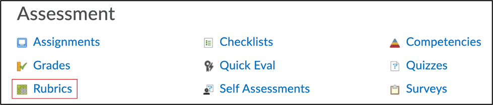Screenshot of the assessment options with a callout box around the Rubrics option