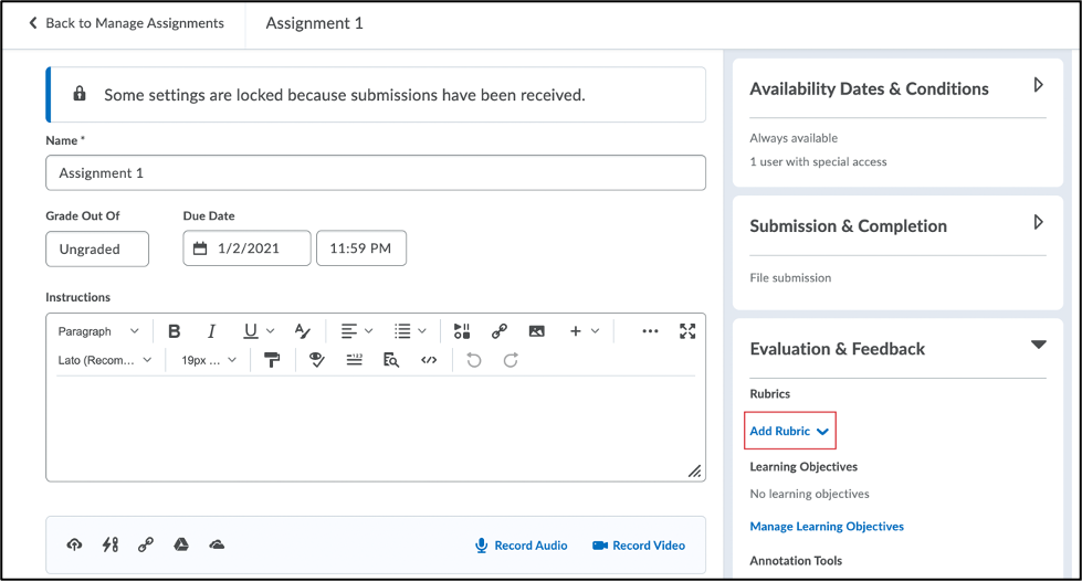 Screenshot of the Assignment creation page with the Add Rubric option highlighted