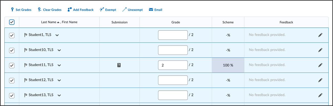 Screenshot of the Student Grades table with all checkboxes selected.
