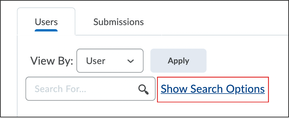 Screenshot of the View Submissions page with red callout around Show Search Options.
