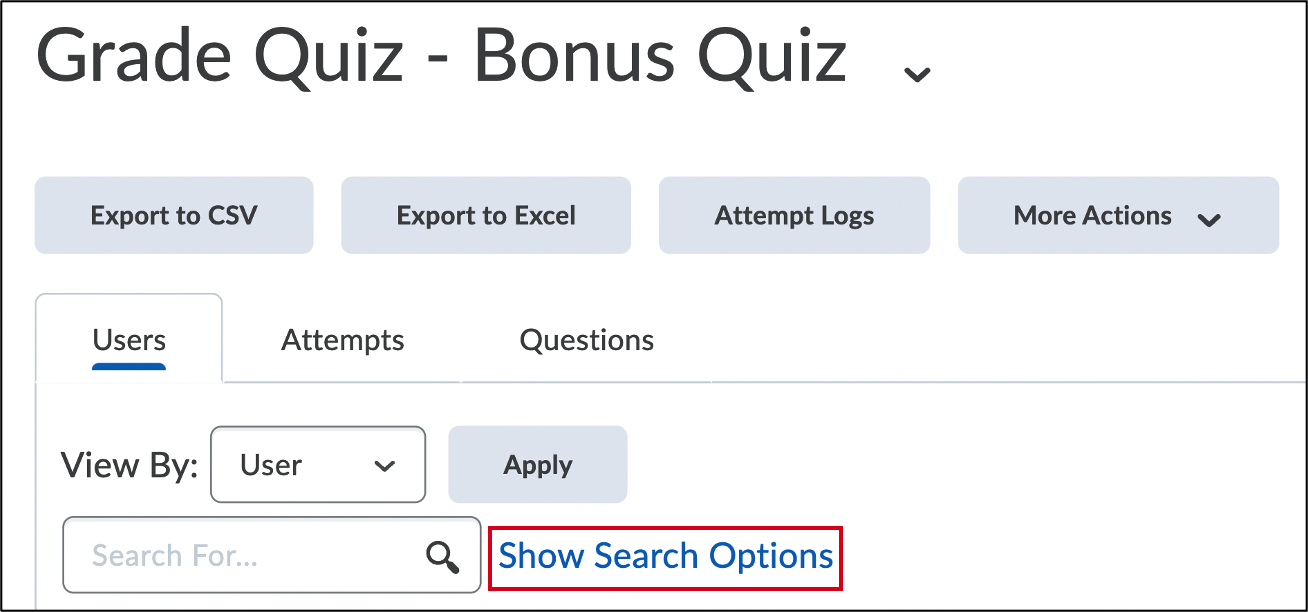 Screenshot of the Grade Quiz page with the Show Search Options button highlighted by a red callout box