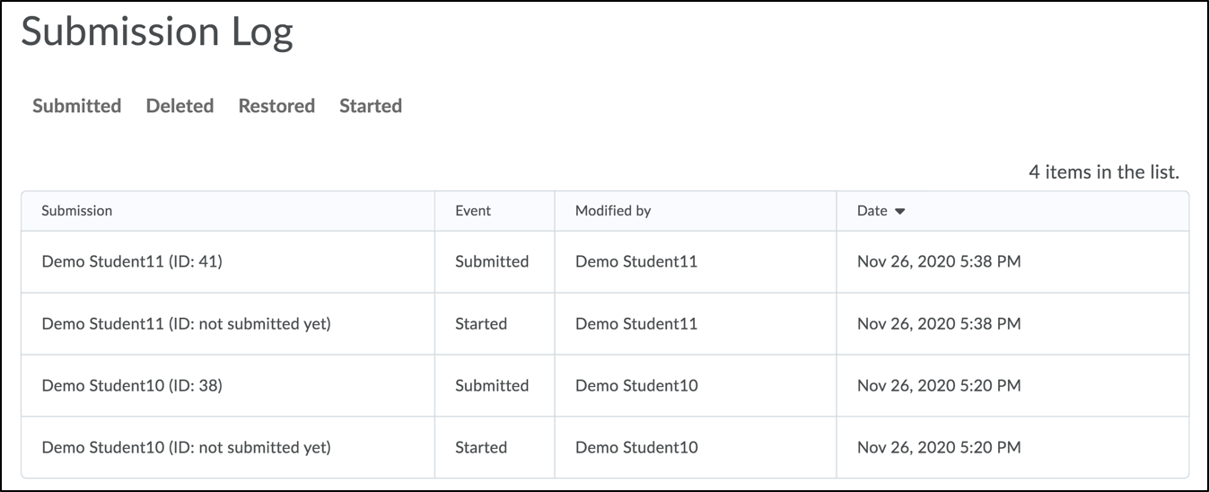 Screenshot of sample submission log.