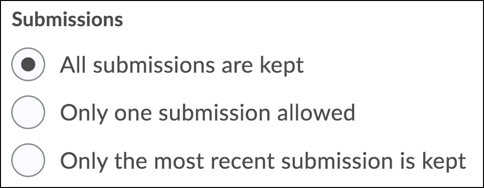 Screenshot of Submissions with the All submissions are kept option selected.