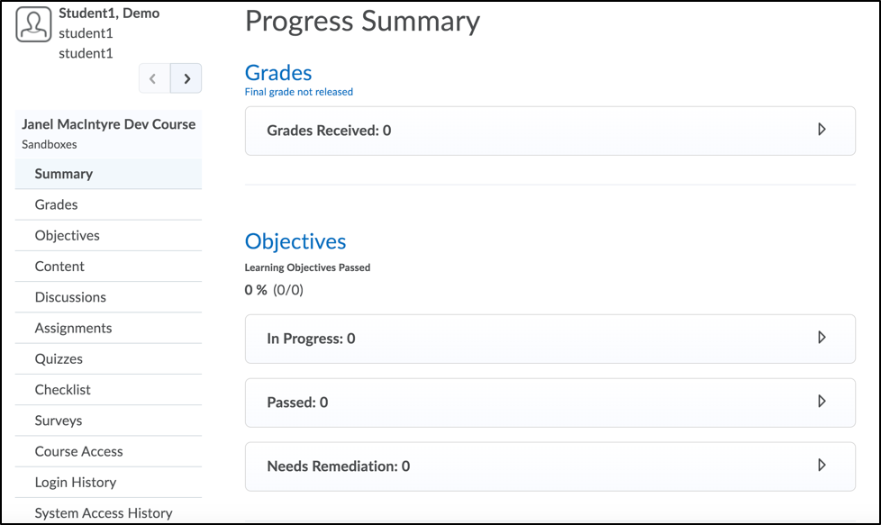 Screenshot of sample student's progress summary.