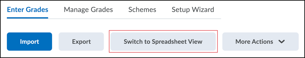 Screenshot of Enter Grades tab with red callout around the Switch to Spreadsheet View button.