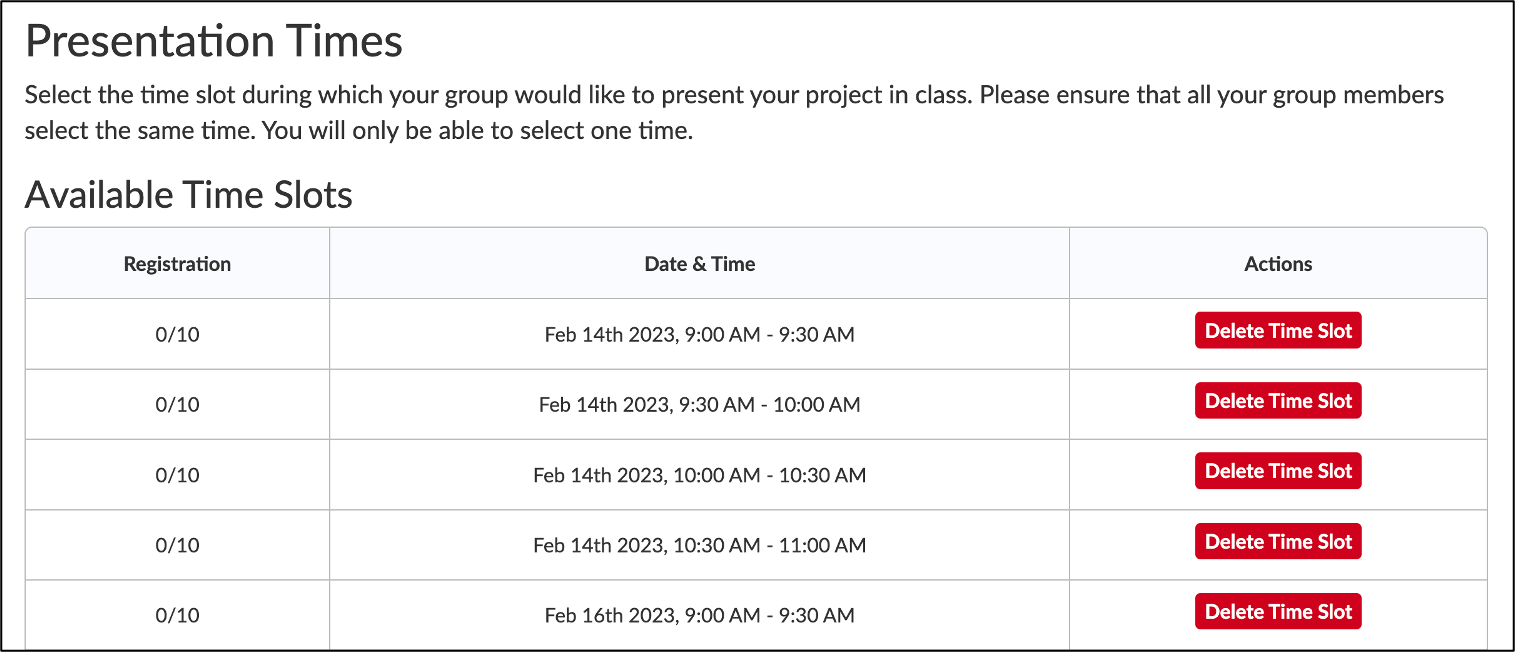 Screenshot of the Available Time Slots table in the Scheduler tool.